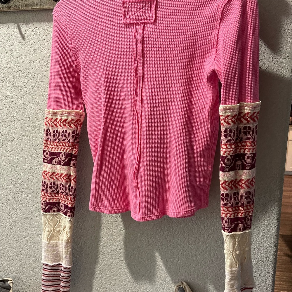 Free People Pink Long Sleeve Top with Patterned Sleeves - Picture 4 of 5